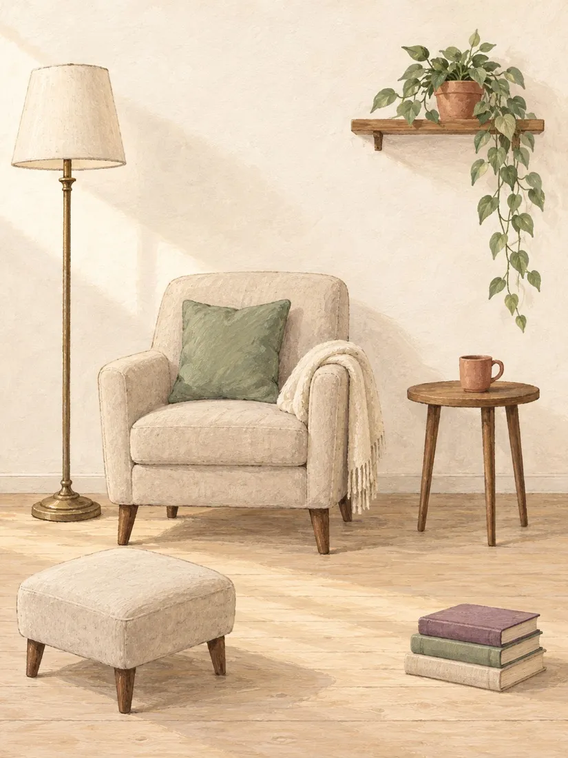 A painted reading corner: an armchair with a green cushion and a blanket, a floor lamp, a small table with a mug, and a stack of books.